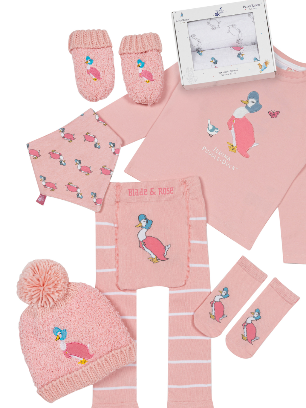 The Jemima Puddle-Duck™ range, including winter hat, mittens, top, leggings, socks and bandana bib