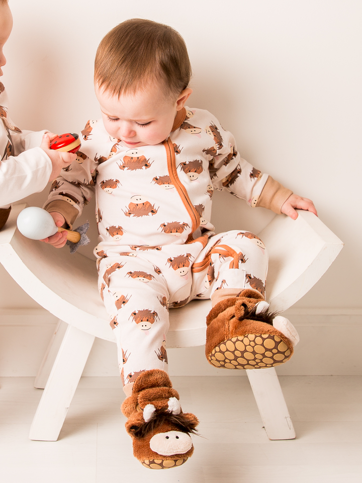 Neutral Highland Cow Zip-Up Romper