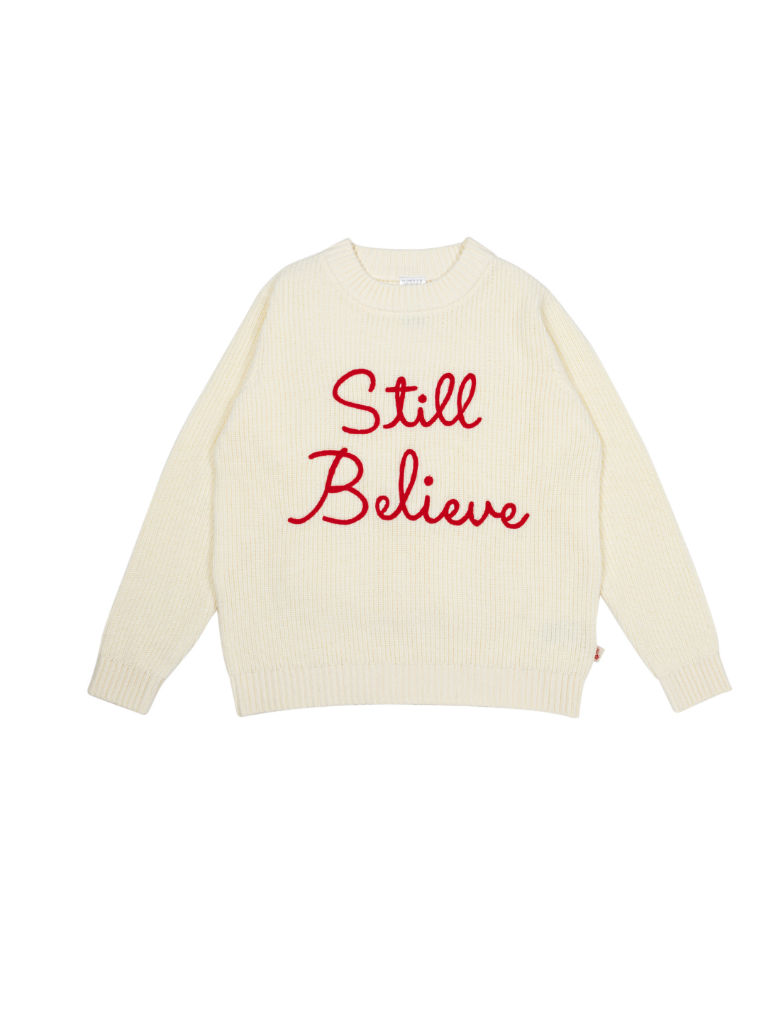 Still Believe adult knitted jumper in cream with red chain-stitch embroidery