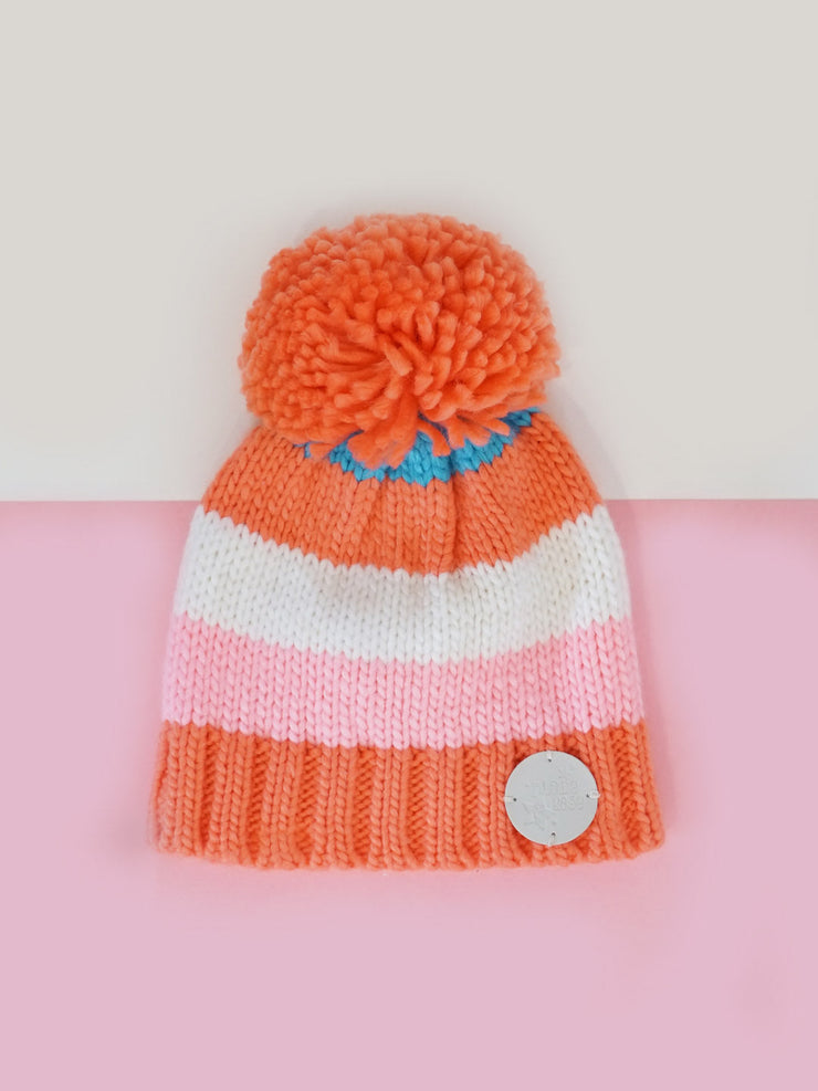 Coral and Cream Striped Bobble Hat